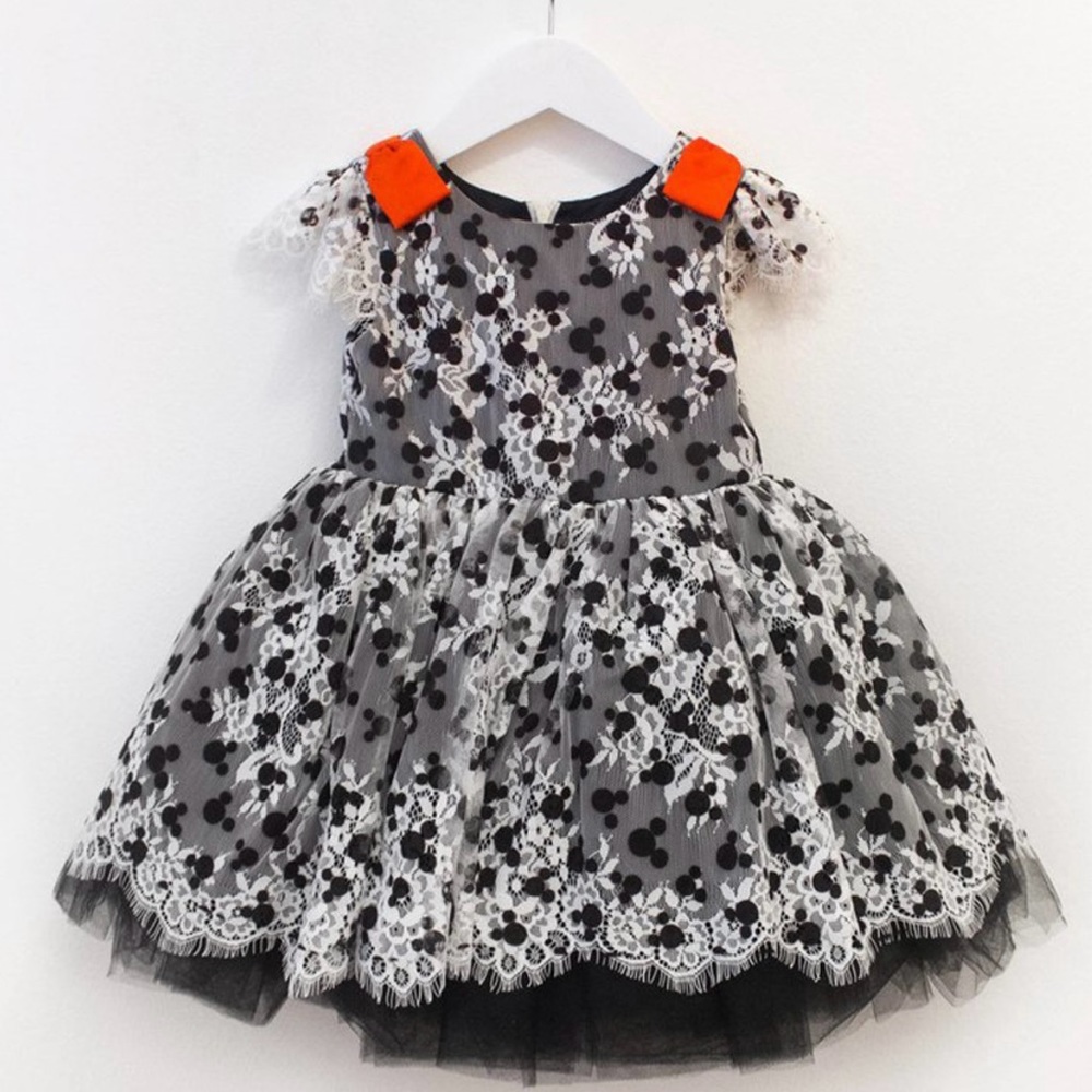 Fancy Black and White Lace Dress with Red Bows